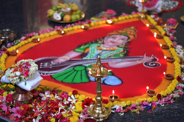 Obraz na płótnie Canvas Rangoli art display at a temple ceremony.