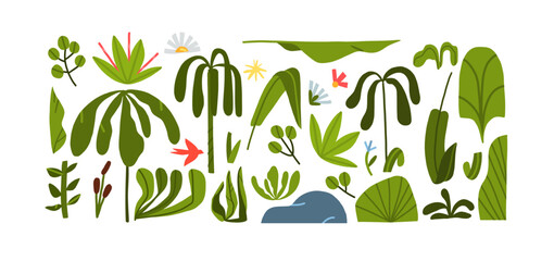 Hand drawn vector abstract graphic clipart illustrations collection set of composition with abstract boho nature shapes of blossom flowers and tropical leaves.Modern nature design.Botanical garden.