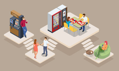 Isometric coffee time concept. Self-service coffee machines offer consistent quality coffee. Vending machine with coffee in the supermarket.