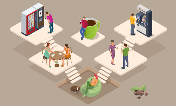 Isometric coffee time concept. Self-service coffee machines offer consistent quality coffee. Vending machine with coffee in the supermarket.
