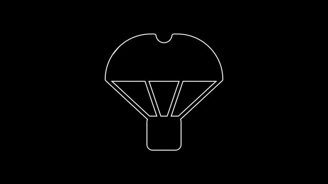 White line Box flying on parachute icon isolated on black background. Parcel with parachute for shipping. Delivery service, air shipping. 4K Video motion graphic animation