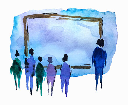 recommend clip art: Students, students, schoolchildren listening to the teacher, teacher at the blackboard, lecture, class, school, university, watercolor