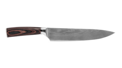Steel kitchen knives, Top view of Japanese Damascus steel knife on white background. Chief knife...