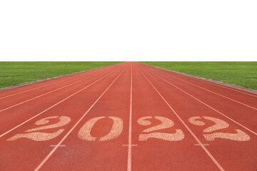 Number 2022 on the red running race track and white copy space background for design, 2022 race...