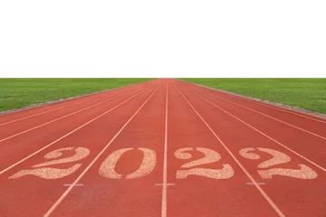 Keuken spatwand met foto Number 2022 on the red running race track and white copy space background for design, 2022 race route concept. © Freedom Life