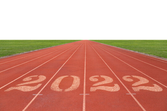 Number 2022 on the red running race track and white copy space background for design, 2022 race route concept.