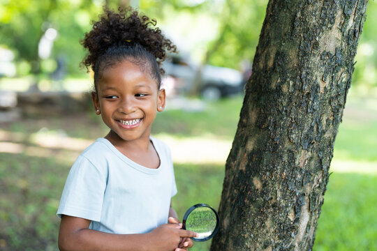 Smiling African American Little Girl Has Fun Holding Magnifying Glass To Explore And Look Bugs On The Tree Between Learning Beyond The Classroom. Education Outdoor Concept.