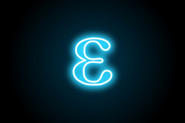 Greek alphabet epsilon glowing neon symbol sign on black background 