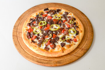 Delicious mixed pizza with rich content. Menu concept of choice and diversity. Pepperoni, Formaggi, Veggie, Karisik pizza