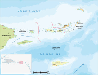 Vector map of British, Spanish and American Virgin Islands