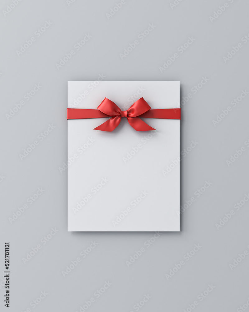Poster Blank white paper with red ribbon bow or gift voucher isolated on grey background with shadow minimal concept 3D rendering