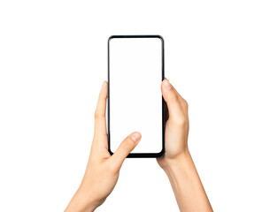 Clipping path, Hand holding smartphone isolated on white background.