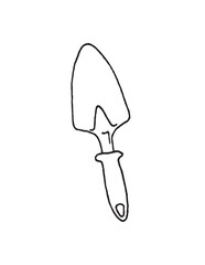 image of a garden scoop, black and white graphics in the style of a sketch on the theme of gardening, for embossing and coloring, sticker, logo, tag