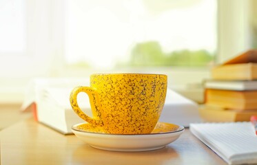 A bright yellow ceramic mug stands on the desktop with books on a sunny summer day. The concept of coffee time, break work. Blur, tinting.
