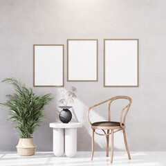 Naklejka na ściany i meble Empty room of Set of 3 photo frame with Furniture and fixture with neutral tones