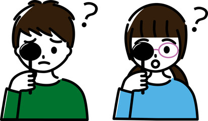 幼児から小学生低学年くらいの男の子と女の子が視力検査を受けていて、よく見えていない（上半身）