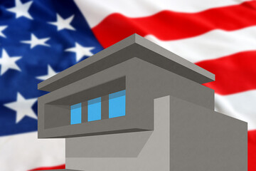 Modern House on the blurred USA Flag. Concept: American Real Estate Market - United States properties for sale, buy a property in USA, Rental housing, House Price Index, Mortgage for Home