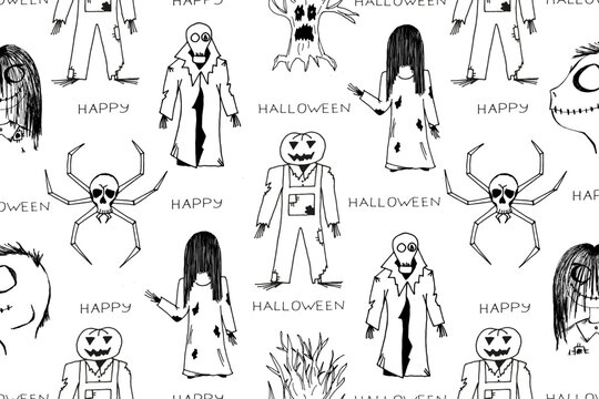 A Halloween set with a scary girl with long black hair, creepy boy, a black widow spider, a horror tree, a radiation man in a gas mask and a torn raincoat, a man with a pumpkin head and a jumpsuit. 