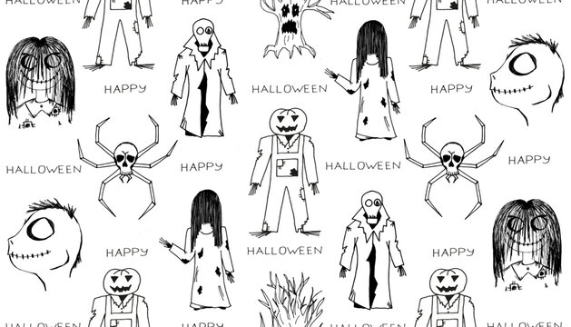 A Halloween set with a scary girl with long black hair, creepy boy, a black widow spider, a horror tree, a radiation man in a gas mask and a torn raincoat, a man with a pumpkin head and a jumpsuit. 