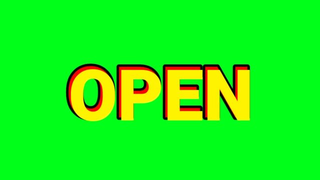 The animation of open sign with new effect, isolated on the dark background. Business ane economy footage illustration design.