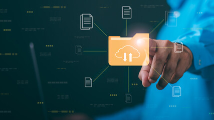 Businesspeople manage corporate document databases through the cloud, cyberspace technology...