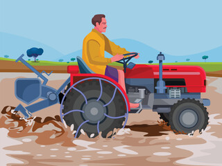 Farmer working  man driving a tractor, agricultural machinery on field, countryside and rural area, harvesting and cultivation