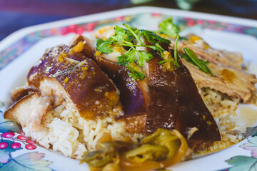 pork leg rice on a plate