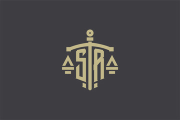Letter SR logo for law office and attorney with creative scale and sword icon design