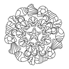 Underwater Marine Coloring book page. Sea world, mermaid tail, fantastic underwater plants. Monochrome. Hand-drawn vector illustration