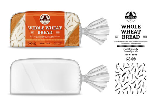 Vector bread packaging and horizontal label design. Transparent plastic bag packaging mockup