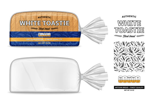 Vector bread packaging and horizontal label design. Transparent plastic bread packaging mockup