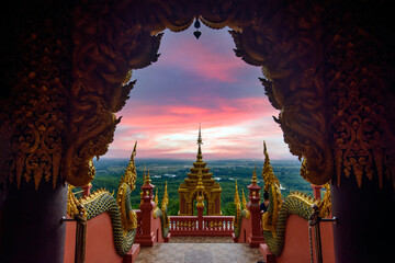 Sunrise at Wat Phra That Doi Phra Chan on the top hill of Doi Phra Chan mountain in Mae Tha,...