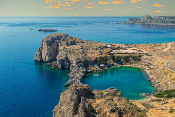 Saint Paul Bay from the height of the Acropolis of Lindos. Rhodes, Greece