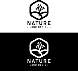 Nature logo design, tree landscape background vector template