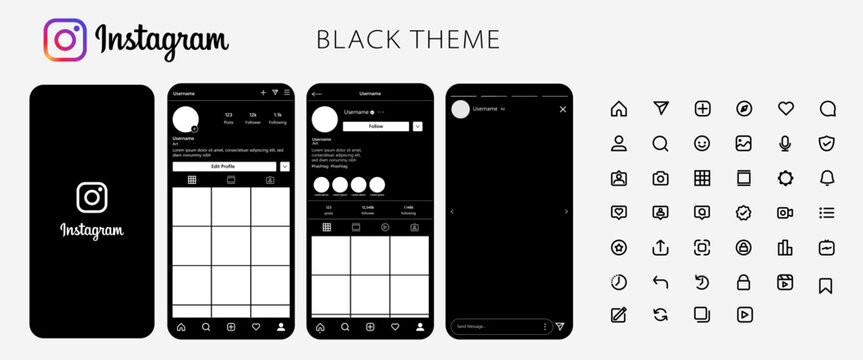 Instagram Social Media Mobile App Black Theme Vector Template with Icon Set