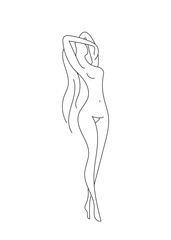 A nude girl dancing. Sexy slender woman. Sketch in the style of line art