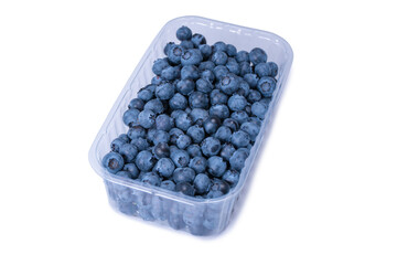 Blueberries in a plastic container isolated on white background.