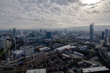 Manchester City Centre Drone Aerial View Above Building Work Skyline Construction Blue Sky Summer Beetham Tower Apartments Estate Agent