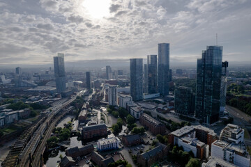 Fototapeta na wymiar Manchester City Centre Drone Aerial View Above Building Work Skyline Construction Blue Sky Summer Beetham Tower Apartments Estate Agent