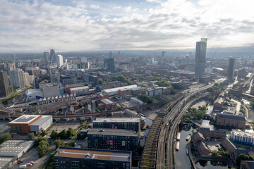 Manchester City Centre Drone Aerial View Above Building Work Skyline Construction Blue Sky Summer Beetham Tower Apartments Estate Agent 2022