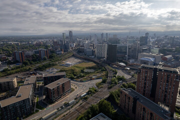 Obraz premium Manchester City Centre Drone Aerial View Above Building Work Skyline Construction Blue Sky Summer Beetham Tower Apartments Estate Agent 2022