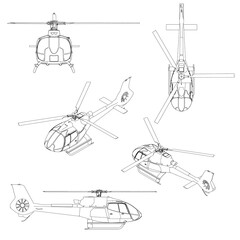Set with contours of a detailed helicopter from black lines isolated on a white background. Isometric view, front, top, side. Vector illustration.