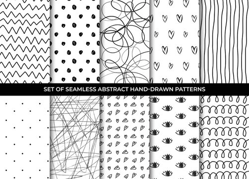 Set of seamless abstract hand-drawn patterns. Vector modern creative backgrounds