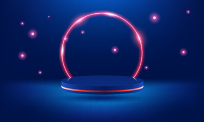 Empty blue podium floating in the air with red neon ring on background