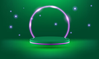Empty green podium floating in the air with purple neon ring on background