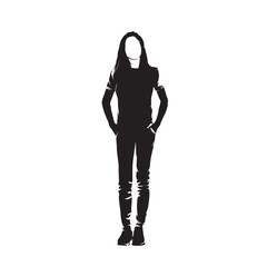 Fototapeta premium Young woman stands relaxed with her hands in her pockets. Front view. Abstract isolated vector silhouette