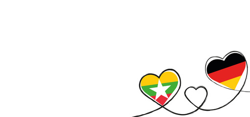 Drei Herzen mit der Fahne von Deutschland und Myanmar (Birma)