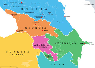 The Caucasus, Caucasia, colored political map. Region between the Black Sea and the Caspian Sea, mainly occupied by Armenia, Azerbaijan, Georgia, and parts of Southern Russia. Map with disputed areas.