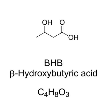 BHB, beta-Hydroxybutyric acid, chemical formula. beta-hydroxybutyrate is the conjugate base. The level in the human body increases with exercise, calorie restriction, fasting, and ketogenic diets.