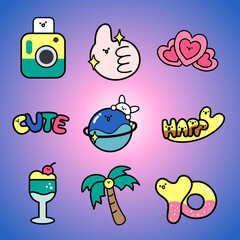 Set of cute Sticker Decoration. Colorful happy smiling face elements, funny cartoon.